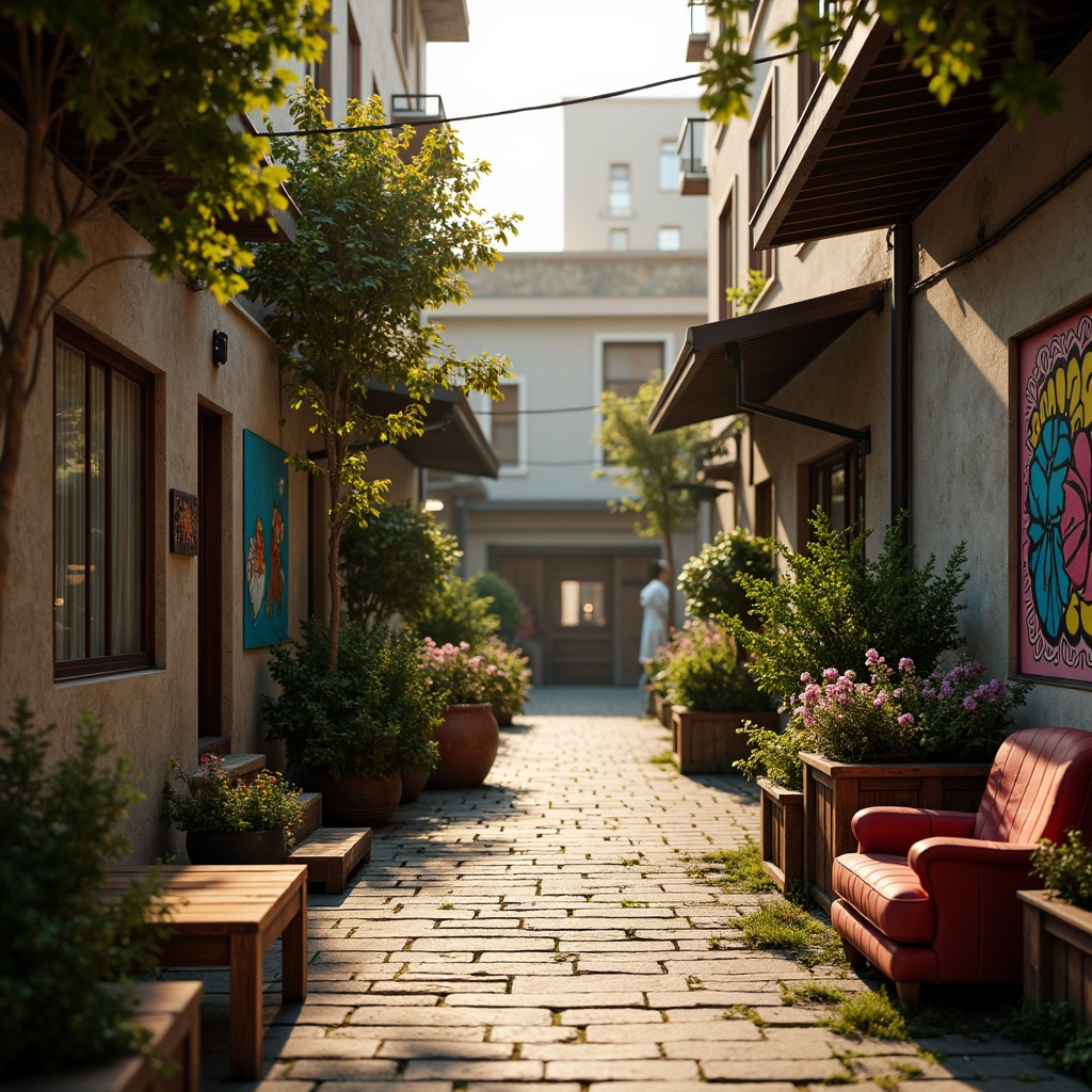 Prompt: Rustic wooden planks, distressed metal panels, rough stone walls, worn concrete floors, vibrant street art murals, eclectic mix of vintage furniture, lush greenery, overflowing flower boxes, warm golden lighting, shallow depth of field, 1/2 composition, urban cityscape, industrial chic aesthetic, atmospheric fog effects, cinematic color grading.