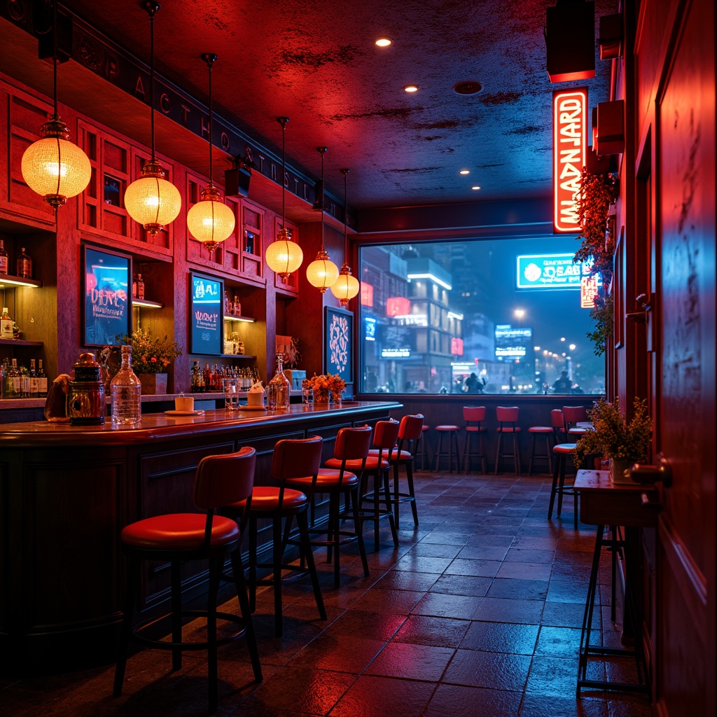 Prompt: Vibrant nightlife scene, dimly lit bar interior, rich wood accents, bold red and blue hues, neon signs, metallic sheen, glossy surfaces, abstract geometric patterns, eclectic decorative elements, ornate fixtures, warm golden lighting, deep shadows, atmospheric mist, dramatic composition, cinematic angles, high contrast ratios, gritty textures, urban cityscape, rainy night atmosphere.