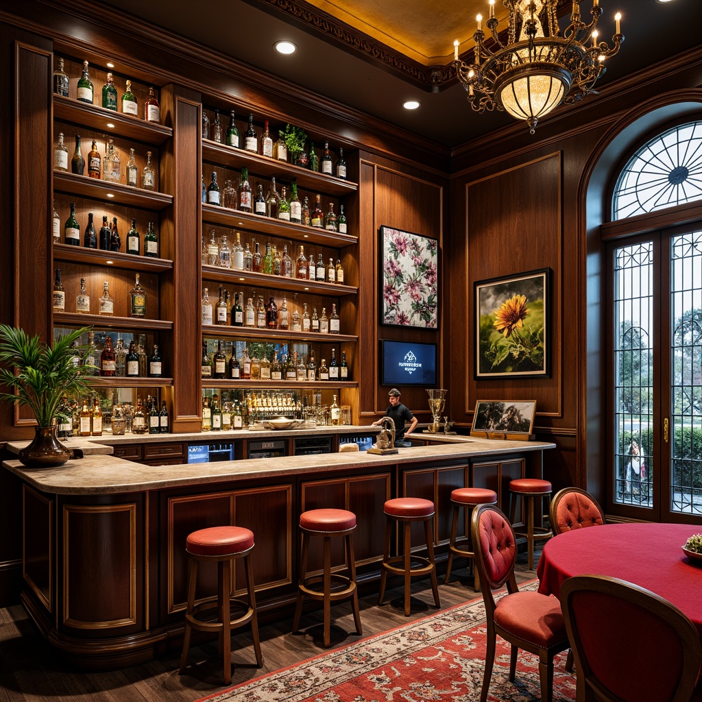 Prompt: Luxurious home bar, ornate wooden cabinets, intricately carved doors, sinuous metalwork, stained glass windows, flowing organic lines, rich velvet fabrics, jewel-toned colors, antique bronze fixtures, ornamental mirrors, dramatic chandeliers, ambient warm lighting, 1/2 composition, close-up shot, shallow depth of field, realistic textures, subtle reflections.