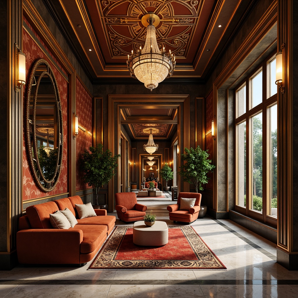 Prompt: Luxurious villa interior, opulent Art Deco style, bold geometric patterns, lavish metallic accents, rich jewel-toned colors, velvety soft furnishings, ornate mirrors, crystal chandeliers, marble floors, intricate moldings, warm golden lighting, 3/4 composition, shallow depth of field, realistic textures, ambient occlusion.