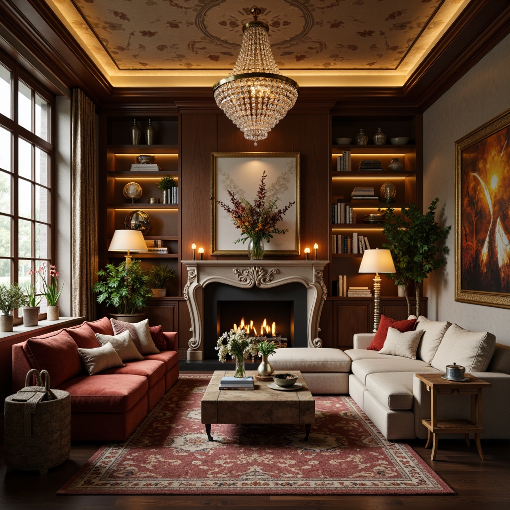 Prompt: Sophisticated living room, luxurious velvet furniture, warm golden lighting, ambient floor lamps, crystal chandeliers, soft candlelight, textured rugs, rich wood accents, metallic finishes, elegant wall art, refined decorative accessories, cozy reading nooks, inviting color palette, dramatic ceiling heights, layered window treatments, subtle patterned fabrics, atmospheric misting effects, 1/2 composition, warm white balance, high contrast ratio.