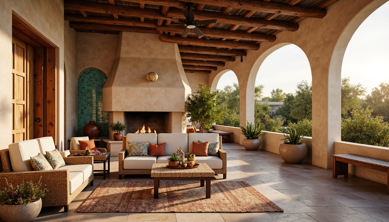 Prompt: Adobe earth tones, rustic stucco textures, reclaimed wooden accents, turquoise glass tiles, woven wool fabrics, natural stone flooring, sandy beige walls, distressed leather upholstery, woven rattan furniture, vibrant Aztec patterns, colorful Talavera pottery, desert botanicals, warm sunset lighting, soft shadows, 1/1 composition, realistic reflections, ambient occlusion.