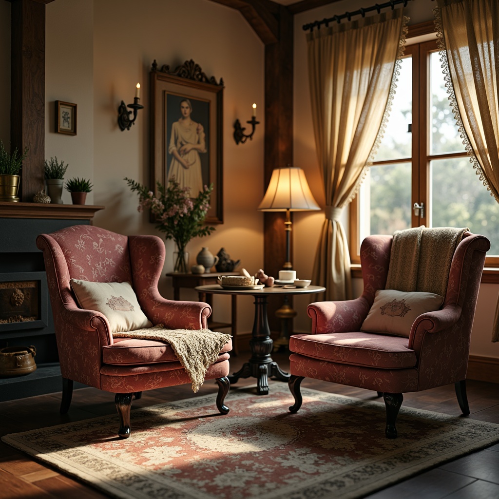 Prompt: Vintage velvet upholstery, distressed leather armchairs, soft pastel-hued linen fabrics, rustic wooden furniture, ornate metal accents, floral patterned rugs, lace-trimmed curtains, chunky woven throw blankets, antique embroidered pillowcases, warm beige walls, candlelit ambiance, shallow depth of field, 1/1 composition, romantic warm lighting.