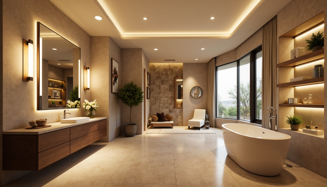 Prompt: Elegant bathroom ambiance, soft warm glow, LED strip lights, recessed lighting, wall-mounted fixtures, polished chrome finishes, glass shelves, natural stone countertops, freestanding tubs, rainfall showerheads, ambient dimmable lighting, 1/1 composition, shallow depth of field, realistic reflections, morning daylight simulation.