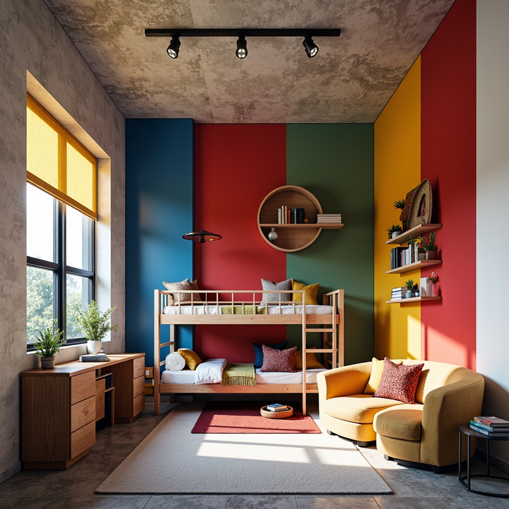 Prompt: Vibrant dorm rooms, bold color blocking, geometric shapes, industrial materials, metallic accents, functional furniture, minimalist decor, primary colors, deep blues, fiery reds, sunshine yellows, clean whites, raw concrete walls, polished metal frames, wooden accents, graphic patterns, grid compositions, rectangular forms, modern typography, cozy reading nooks, task lighting, soft shadows, 1/1 composition, dramatic high contrast.