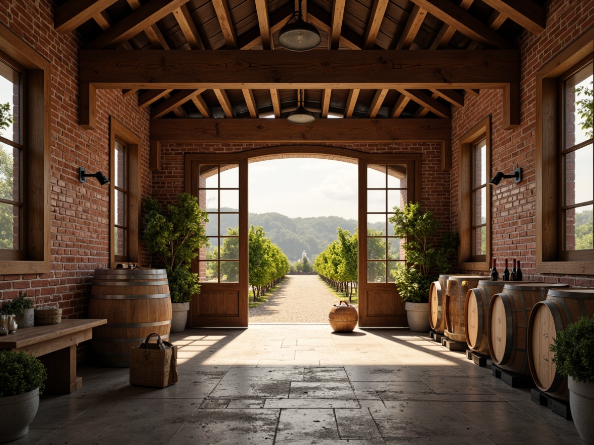 Prompt: Rustic winery interior, exposed wooden beams, distressed brick walls, metal accents, industrial lighting fixtures, wooden crates, wine barrels, rustic stone floors, earthy color palette, natural textures, soft warm lighting, shallow depth of field, 1/1 composition, realistic rendering, ambient occlusion, atmospheric mist, vineyard views, rolling hills, sunny afternoon, warm golden hour.