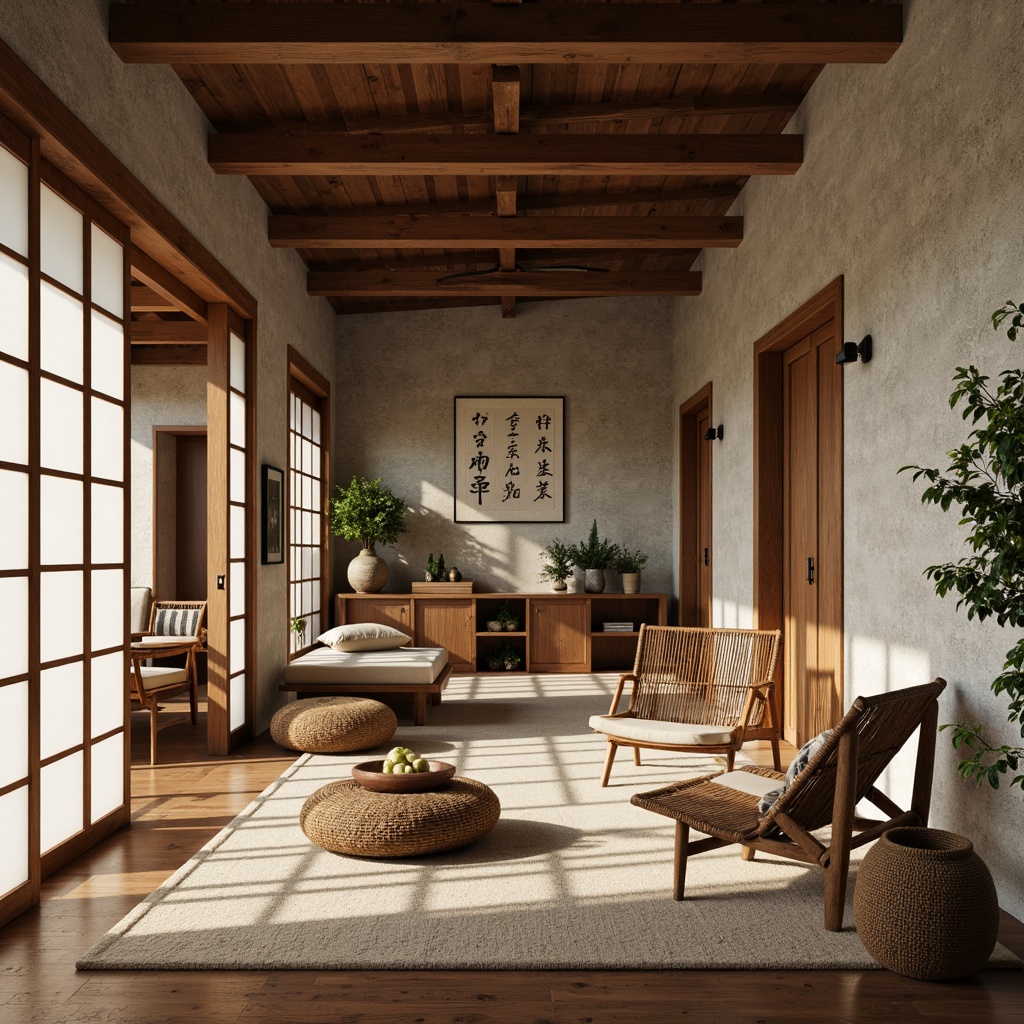 Prompt: Rustic farmhouse, natural stone walls, earthy tones, wooden accents, Asian-inspired ornaments, traditional Shoji screens, sliding glass doors, minimalist decor, textured wall finishes, reclaimed wood flooring, woven bamboo furniture, potted greenery, soft warm lighting, shallow depth of field, 1/1 composition, realistic textures, ambient occlusion.