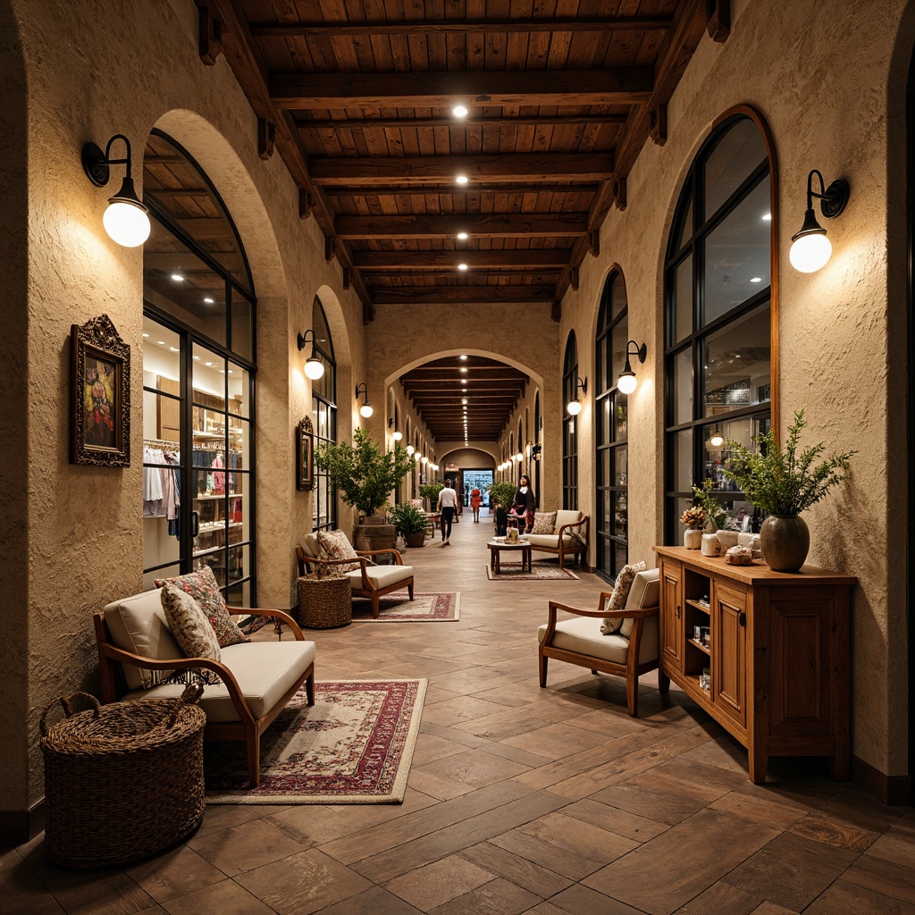 Prompt: Rustic shopping center, earthy tones, natural stone walls, wooden accents, vintage decorative elements, exposed brick ceilings, distressed wood floors, cozy nooks, plush furnishings, warm ambient lighting, soft shadows, intimate scales, human-centric design, eclectic local artifacts, woven textiles, organic shapes, earth-inspired color palette, aged metal fixtures, lantern-style lighting, meandering pathways, inviting atmosphere, 1/2 composition, shallow depth of field, warm color temperature.