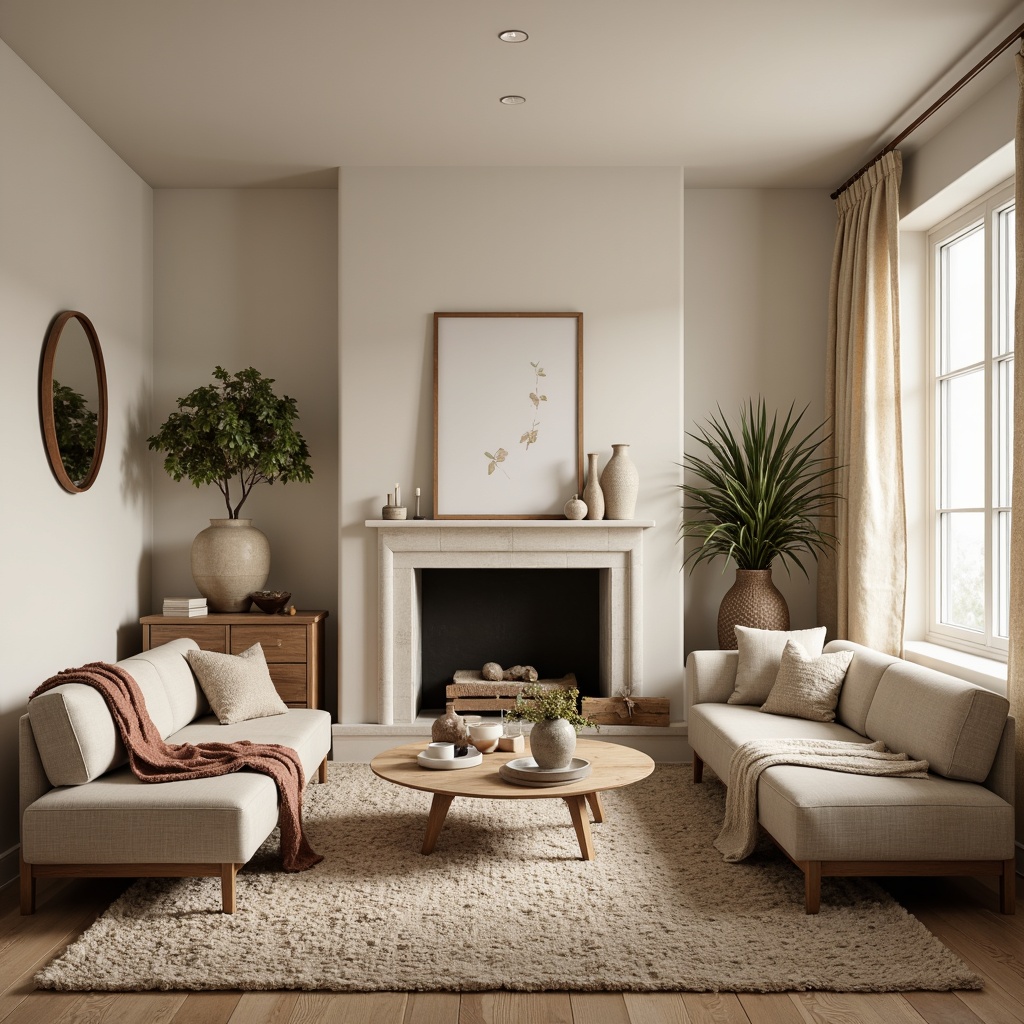 Prompt: Cozy living room, natural wood textures, woven wool blankets, plush area rugs, soft velvet sofas, minimalist Scandinavian decor, cream-colored walls, wooden flooring, rustic stone fireplaces, candles, warm ambient lighting, shallow depth of field, 1/1 composition, realistic rendering, Nordic-inspired patterns, gentle color palette, organic shapes, earthy tones, morning sunlight, subtle shadows.