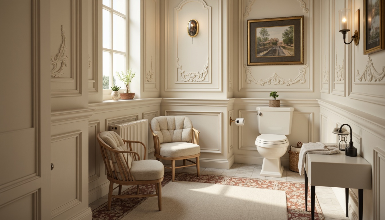 Prompt: Elegant powder room, ornate wall paneling, soft cream colors, subtle texture, luxurious fabrics, tufted upholstery, carved wooden accents, classic moldings, refined architectural details, sophisticated academic style, muted color palette, warm ambient lighting, shallow depth of field, 1/1 composition, realistic textures, ambient occlusion.