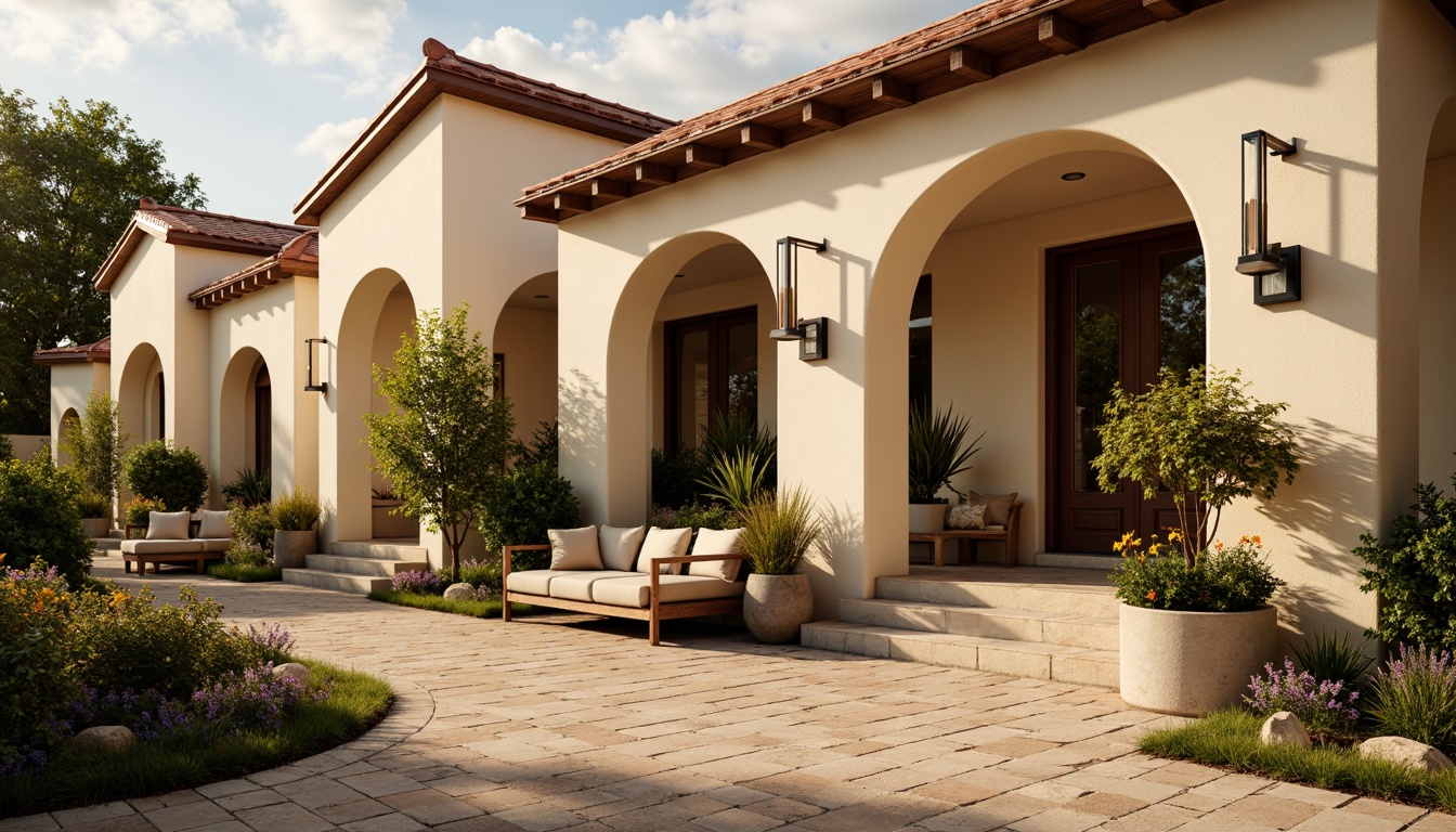 Prompt: Warm beige stone facades, soft cream-colored columns, rich terracotta roof tiles, lush greenery, vibrant flower arrangements, ornate bronze door handles, elegant wooden benches, classic black lanterns, subtle earthy tones, natural texture blends, subtle gradient skies, warm golden hour lighting, shallow depth of field, 2/3 composition, symmetrical framing, realistic material reflections.