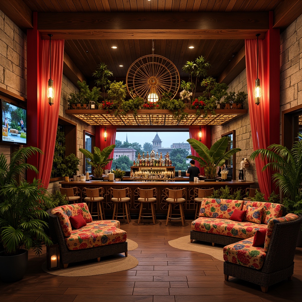 Prompt: Vibrant Asian-inspired bar, rich wood tones, ornate carvings, lantern-style lighting, lush greenery, exotic plants, natural stone walls, woven bamboo furniture, bold colorful accents, intricate geometric patterns, luxurious velvet drapes, dramatic high ceilings, atmospheric dim lighting, 3/4 composition, shallow depth of field, warm and inviting ambiance.