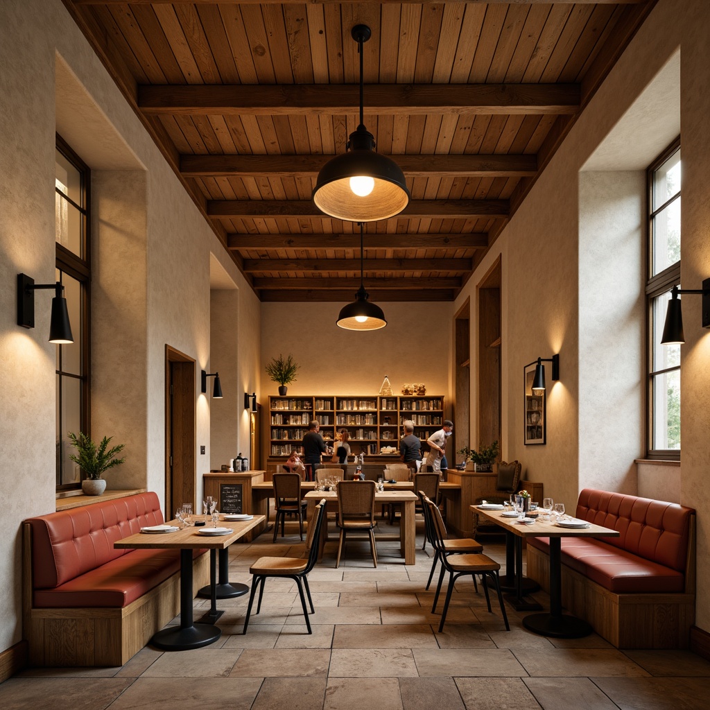 Prompt: Warm beige walls, rich wood accents, built-in banquette seating, plush cushions, natural stone flooring, rustic wooden tables, vintage metal chairs, elegant pendant lighting, soft warm glow, cozy atmosphere, academic-inspired decor, traditional architectural details, earthy color palette, textured wall finishes, subtle sheen, 1/2 composition, intimate setting, realistic render.