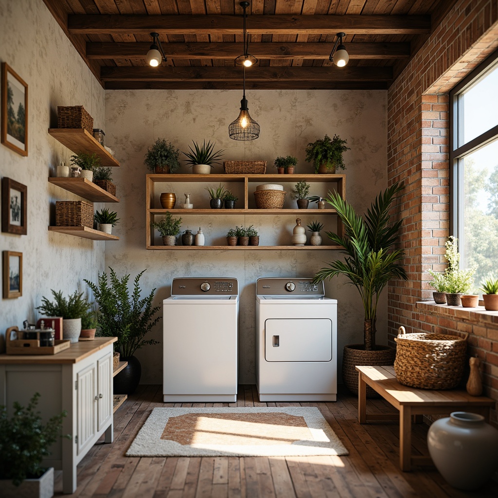 Prompt: Cozy laundry room, vintage washing machines, rustic wooden shelves, distressed brick walls, industrial metal beams, reclaimed wood floors, soft warm lighting, pastel color palette, ornate metal fixtures, antique furniture pieces, woven baskets, natural textiles, floral patterns, whimsical decorative accents, relaxed atmosphere, shallow depth of field, 1/1 composition, intimate viewpoint, realistic renderings, ambient occlusion.