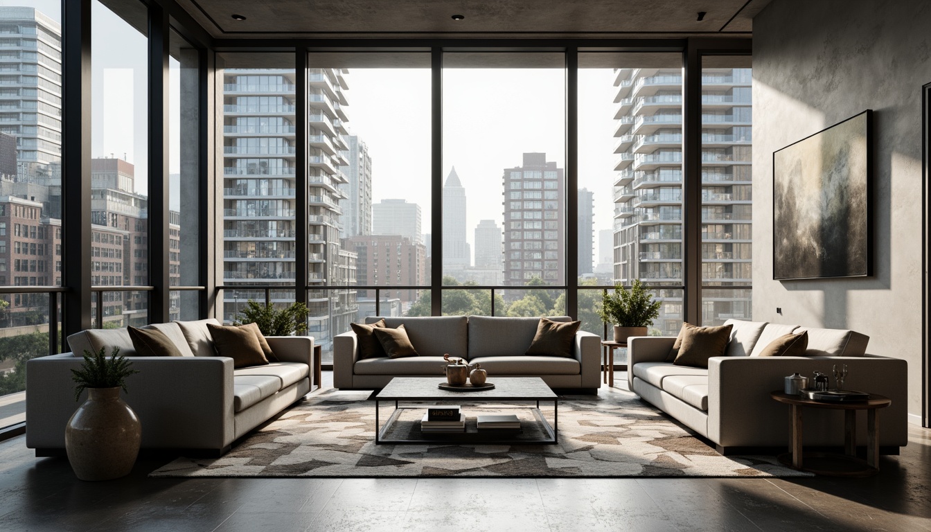 Prompt: Modern living room, sleek low-profile sofas, minimalist coffee tables, abstract art pieces, floor-to-ceiling windows, natural light, urban city views, polished concrete floors, industrial chic accents, metallic side tables, geometric-patterned rugs, ambient soft lighting, 3/4 composition, cinematic color palette, realistic textures, subtle shadows.