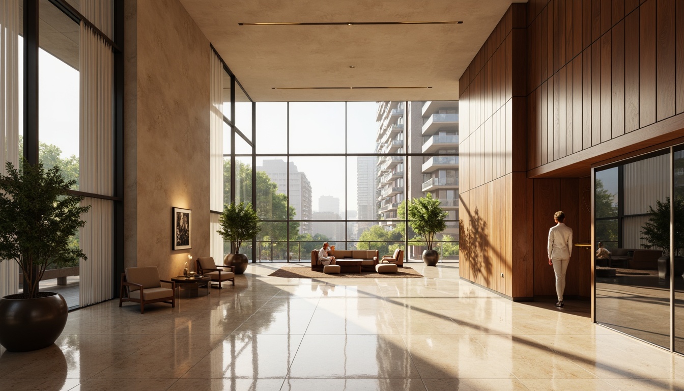 Prompt: Luxurious modern hotel lobby, sleek marble floors, polished chrome accents, floor-to-ceiling windows, minimalist decor, neutral color palette, soft beige tones, rich wood textures, ambient warm lighting, sophisticated atmosphere, urban cityscape views, 1/1 composition, shallow depth of field, realistic reflections.