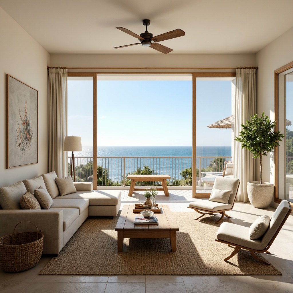 Prompt: Coastal living room, soft creamy walls, calming ocean views, floor-to-ceiling windows, sliding glass doors, natural linen upholstery, driftwood coffee table, jute area rug, woven sea grass baskets, vintage nautical decor, distressed wood accents, coral-inspired color palette, warm sunny day, gentle ocean breeze, subtle wave patterns, airy atmosphere, 1/1 composition, softbox lighting, realistic textures, ambient occlusion.