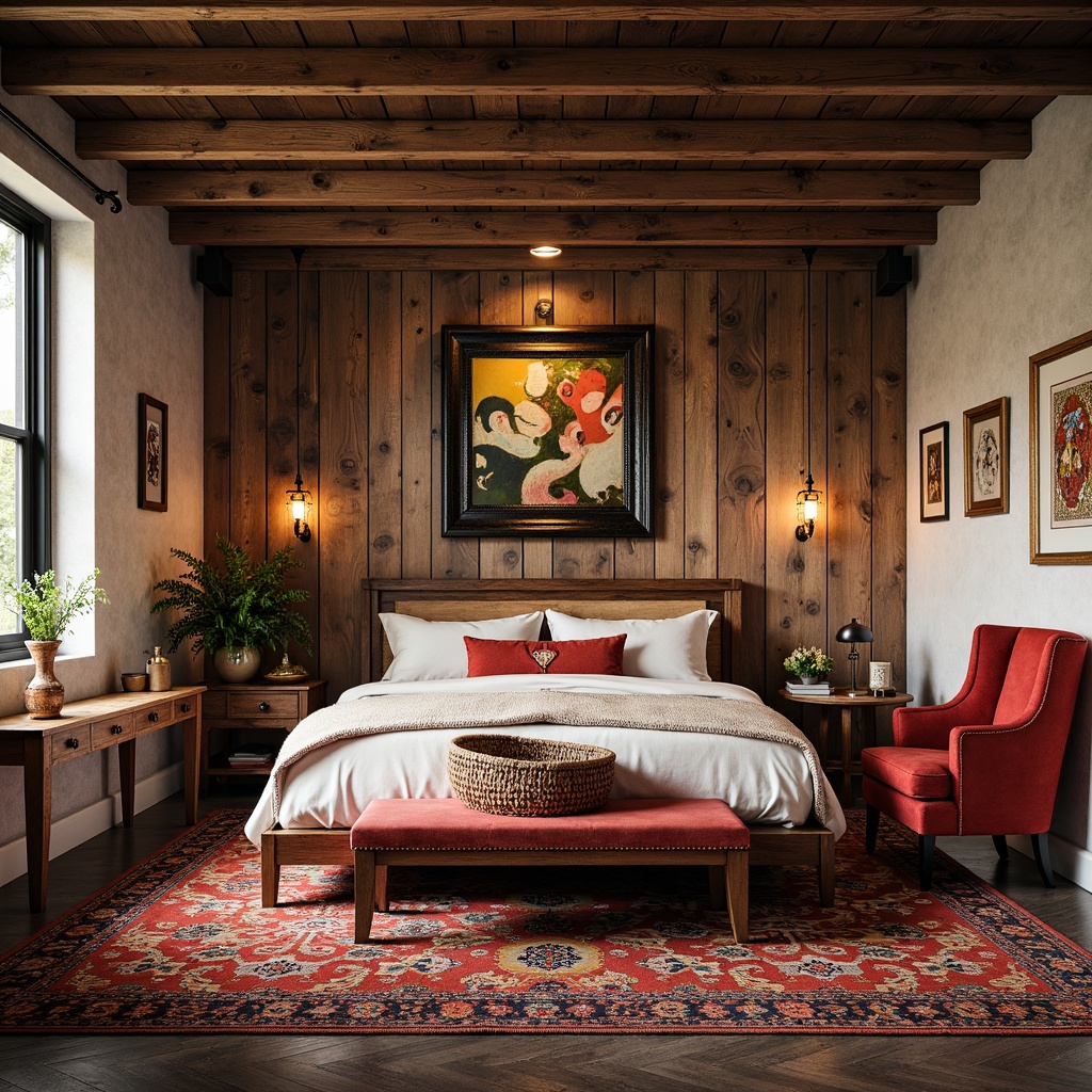 Prompt: Vibrant eclectic bedroom, distressed wood furniture, plush velvet upholstery, ornate metal frames, colorful Moroccan tiles, richly patterned rugs, abstract artwork, industrial lighting fixtures, reclaimed wood accent walls, vintage decorative items, soft warm ambiance, shallow depth of field, 1/1 composition, realistic textures, ambient occlusion.