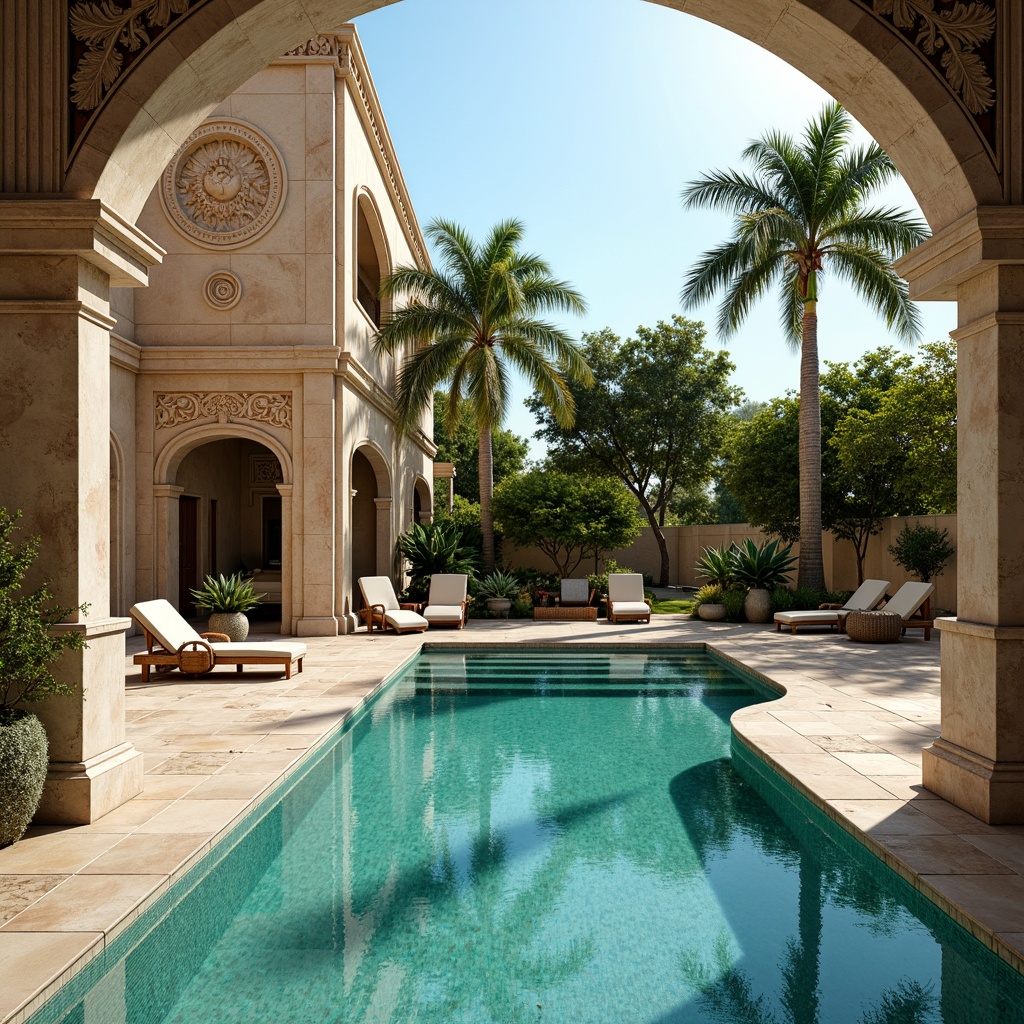 Prompt: Luxurious neoclassical swimming pool, ornate stone carvings, elegant archways, grandiose columns, majestic water features, crystal clear turquoise water, sun-kissed travertine decking, plush lounge chairs, vibrant tropical plants, intricate mosaic patterns, soft warm lighting, dramatic shadows, 1/1 composition, realistic reflections, ambient occlusion.