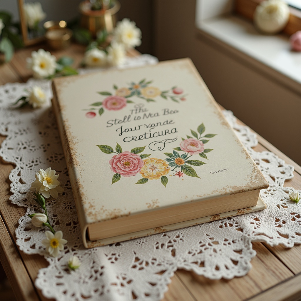 Prompt: Distressed wood furniture, soft pastel hues, vintage decor, floral patterns, lace trimmings, gentle cream colors, warm beige tones, rustic metal accents, worn leather bindings, ornate gold frames, elegant typography, natural linen fabrics, subtle sparkle lighting, shallow depth of field, 1/2 composition, intimate warm atmosphere, realistic textures, ambient occlusion.