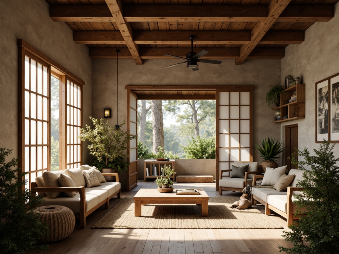 Prompt: Rustic farmhouse, Asian-inspired accents, textured walls, natural stone surfaces, reclaimed wood beams, earthy color palette, traditional Japanese sliding doors, paper lanterns, minimalist decor, lush greenery, potted plants, woven bamboo furniture, warm ambient lighting, shallow depth of field, 1/2 composition, soft focus effect, realistic textures, subtle atmospheric fog.