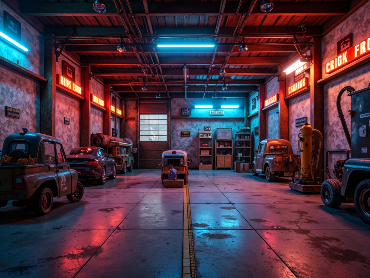 Prompt: Industrial-style garage, metal beams, concrete floors, rusty machinery, neon signage, bright LED lights, bold primary colors, deep blues, fiery reds, energizing oranges, contrasting color blocks, metallic accents, gritty textures, dramatic shadows, high-contrast lighting, cinematic composition, realistic reflections.