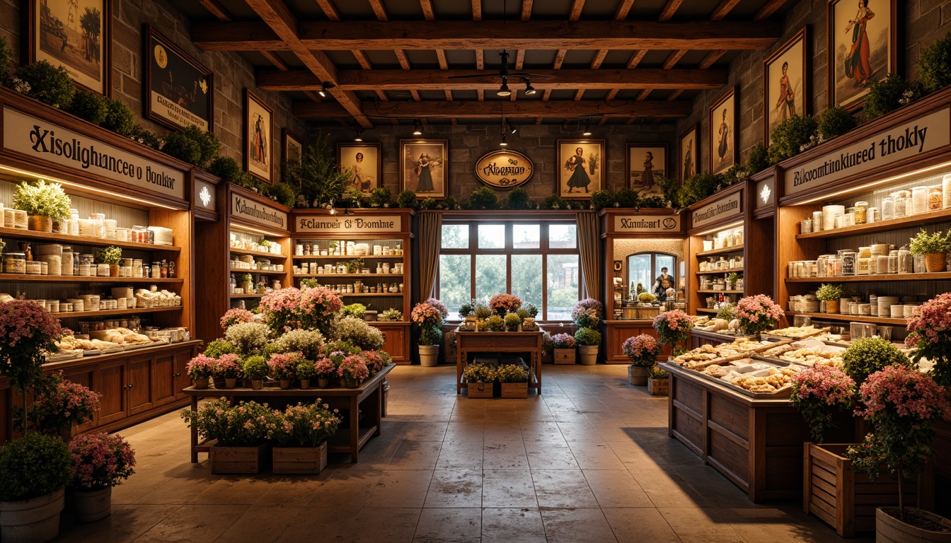 Prompt: Ornate Renaissance-style grocery store, warm golden lighting, rich wooden accents, decorative stone walls, elegant signage with serif fonts, vintage-inspired posters, antique-style display cases, ornamental metalwork, distressed finishes, classic lanterns, rustic wood crates, overflowing flower arrangements, soft natural textures, subtle atmospheric effects, 1/1 composition, realistic reflections, ambient occlusion.