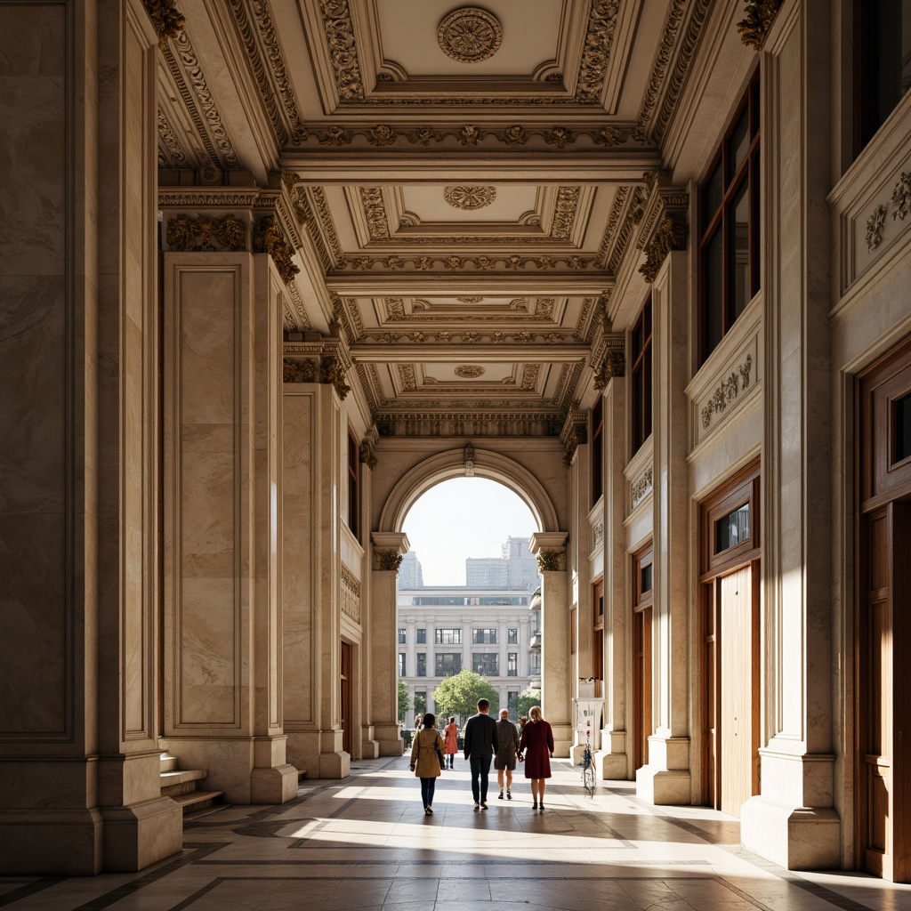 Prompt: Grandiose community center, ornate moldings, classical columns, symmetrical fa\u00e7ade, intricately carved details, elegant archways, refined stonework, subtle color palette, soft natural lighting, 3/4 composition, shallow depth of field, warm atmospheric ambiance, realistic textures, ambient occlusion.