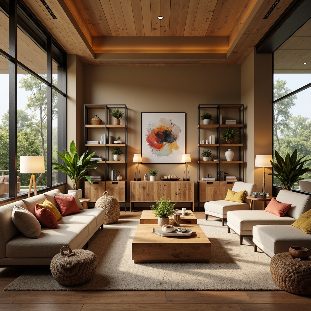 Prompt: Cozy living room, plush sofas, ergonomic armchairs, wooden coffee tables, soft cushions, vibrant throw pillows, modern minimalist decor, floor lamps, warm beige walls, large windows, natural light, comfortable seating arrangements, functional storage units, sleek metal shelves, rustic wooden cabinets, woven baskets, green plants, calming atmosphere, relaxed ambiance, 3/4 composition, shallow depth of field, realistic textures.