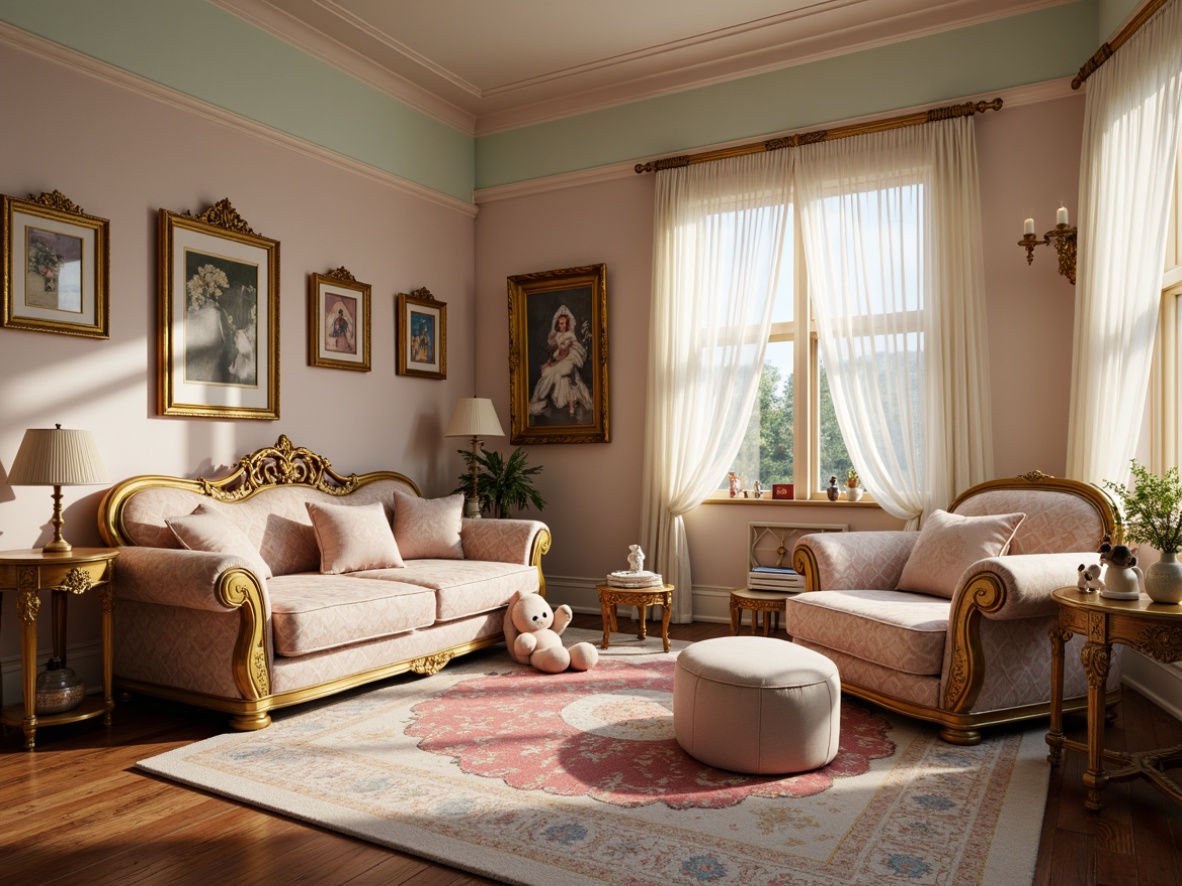 Prompt: Whimsical kid's room, Rococo style furniture, ornate wooden frames, velvet upholstery, golden accents, intricate carvings, soft pastel colors, luxurious fabrics, tufted ottomans, dainty tables, porcelain vases, candelabras, richly patterned rugs, playful toys, stuffed animals, cozy reading nooks, warm soft lighting, 1/2 composition, shallow depth of field, romantic ambiance.