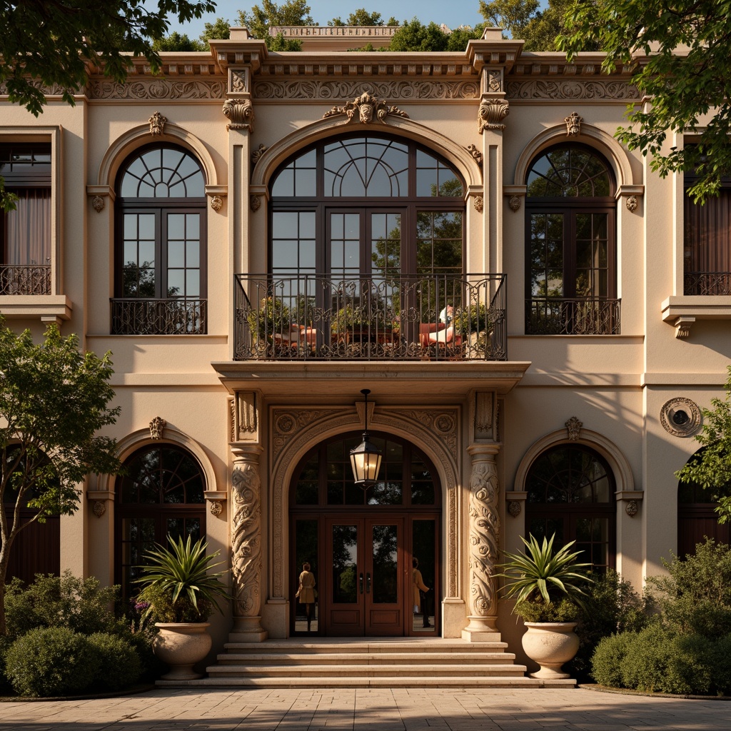 Prompt: Ornate Renaissance-style mansion, intricately carved stone fa\u00e7ade, grand arched windows, stained glass panes, ornamental ironwork, decorative shutters, rustic wooden doors, classic pediments, symmetrical composition, warm golden lighting, soft focus, shallow depth of field, 1/1 aspect ratio, realistic textures, ambient occlusion, subtle color palette, earthy tones, luxurious fabrics, rich wood accents.