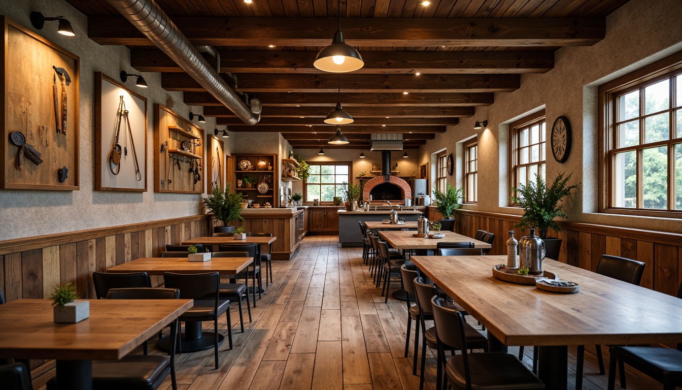 Prompt: Rustic farmhouse restaurant, reclaimed wood accents, vintage farm tools, natural stone walls, earthy color palette, cozy dining nooks, wooden tables, metal chairs, pendant lamps, open kitchen, brick oven, wooden beams, distressed finishes, soft warm lighting, shallow depth of field, 3/4 composition, panoramic view, realistic textures, ambient occlusion.