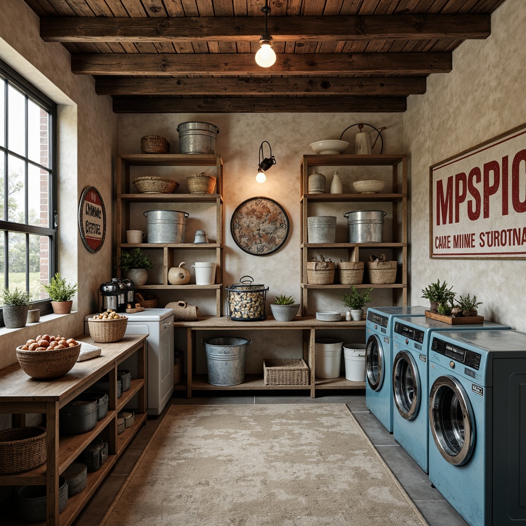 Prompt: \Vintage laundry room, distressed wooden shelves, rusty metal buckets, faded denim blues, soft creamy whites, warm beige tones, rich crimson reds, deep indigo hues, natural linen textures, woven wicker baskets, antique washing machines, retro-style signage, softbox lighting, shallow depth of field, 2/3 composition, realistic reflections, ambient occlusion.\Please let me know if this meets your requirements or if you need any further adjustments!