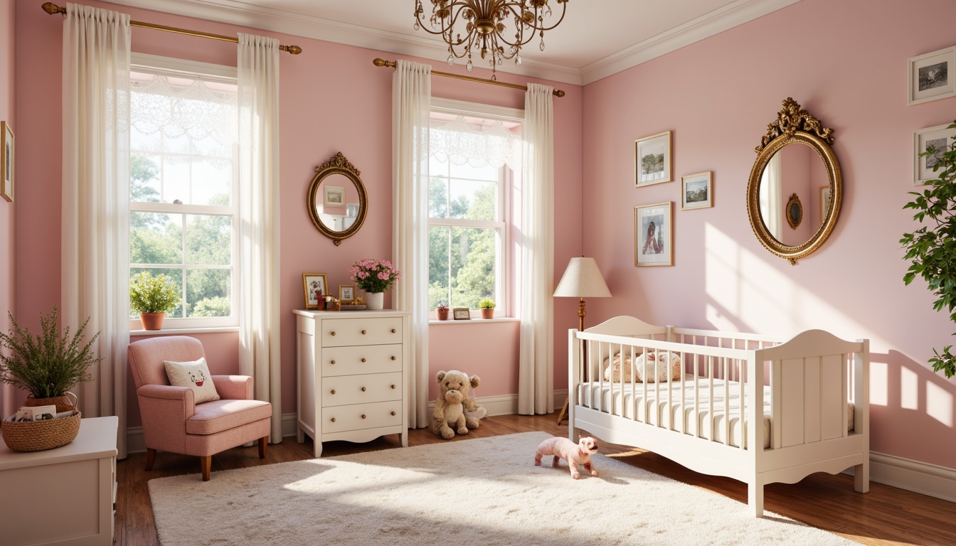 Prompt: Whimsical kids' room, soft pastel hues, pale pink walls, creamy white furniture, ornate gold accents, delicate lace curtains, fluffy carpets, playful toys, vintage-inspired decor, Rococo-style mirrors, elegant chandeliers, warm sunny lighting, shallow depth of field, 1/1 composition, realistic textures, ambient occlusion.