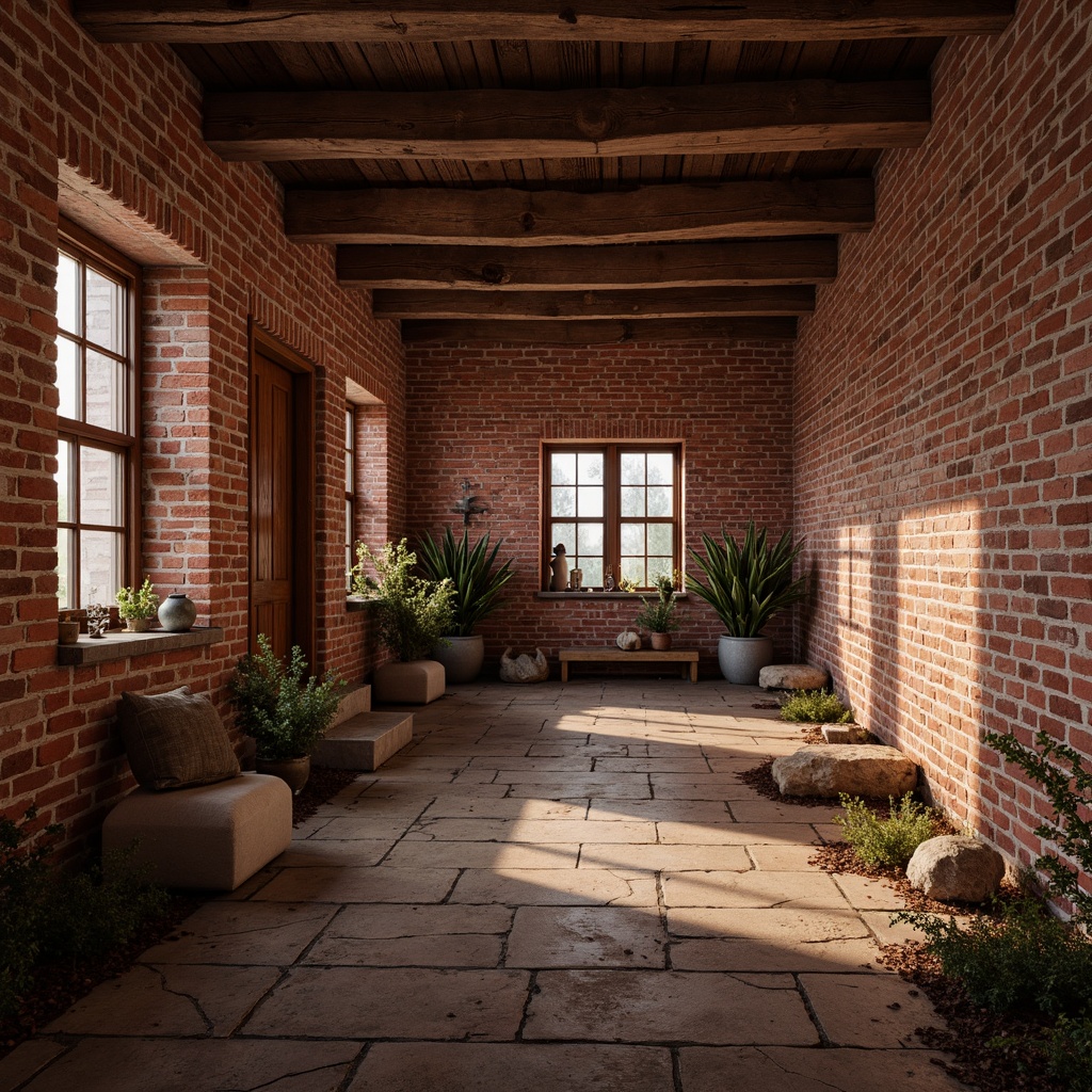 Prompt: Rustic textured walls, distressed brick materials, earthy red tones, rough-hewn stones, crumbling mortar, worn wooden beams, vintage industrial charm, warm ambient lighting, shallow depth of field, 1/1 composition, realistic normal maps, detailed bump mapping, high-resolution textures.