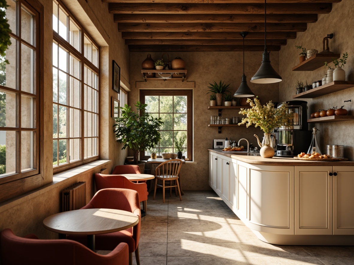 Prompt: Cozy breakfast nook, warm earthy tones, rich wood accents, soft beige countertops, comfortable velvet chairs, rustic wooden tables, vintage metal lighting fixtures, creamy white cabinets, subtle texture contrasts, natural stone flooring, lush greenery, sunny morning light, soft warm glow, shallow depth of field, 1/2 composition, intimate atmosphere, realistic textures, ambient occlusion.Please let me know if this meets your requirements!