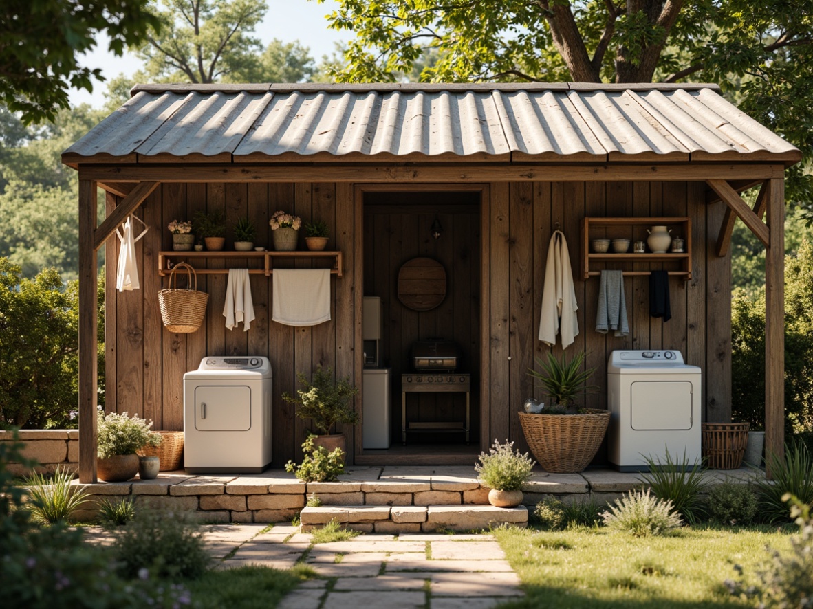 Prompt: Rustic laundry shed, wooden clapboard exterior, corrugated metal roofs, vintage washing machines, hanging clotheslines, woven wicker baskets, distressed wood accents, earthy color palette, natural stone foundations, lush greenery surroundings, sunny afternoon light, warm soft focus, shallow depth of field, 1/1 composition, realistic textures, ambient occlusion.