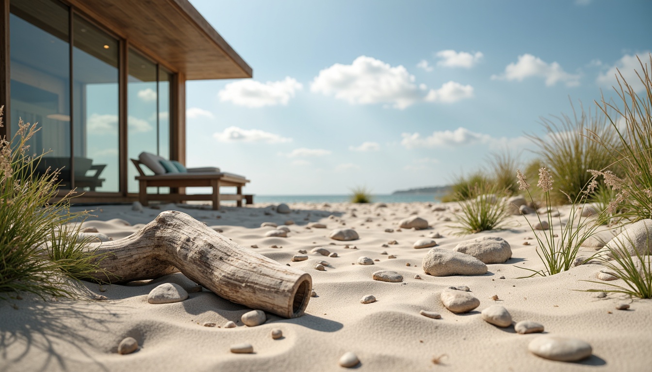 Prompt: Sandy beach shore, weathered driftwood, sea-bleached pebbles, ocean-inspired color palette, soft blues, calming greens, warm sandy neutrals, creamy whites, gentle turquoise accents, rustic nautical ropes, distressed wooden textures, natural fiber fabrics, beachy keystone architecture, modern coastal homes, large glass windows, sliding doors, sunny day, soft warm lighting, shallow depth of field, 3/4 composition, panoramic view, realistic textures, ambient occlusion.