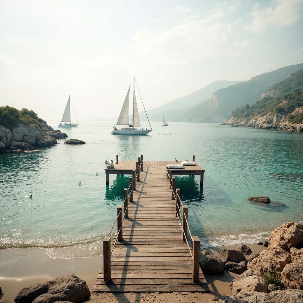 Prompt: Serene coastal scenery, weathered wooden docks, sailboats, seagulls, soft sandy beaches, clear turquoise waters, misty mornings, warm sunlight, beachy vibe, natural textures, driftwood accents, ocean-inspired hues, calming blues, soothing whites, creamy neutrals, earthy tones, coral pinks, seafoam greens, nautical navy blues, rustic metal details, distressed finishes, airy open spaces, 1/1 composition, soft focus, warm lighting, shallow depth of field.