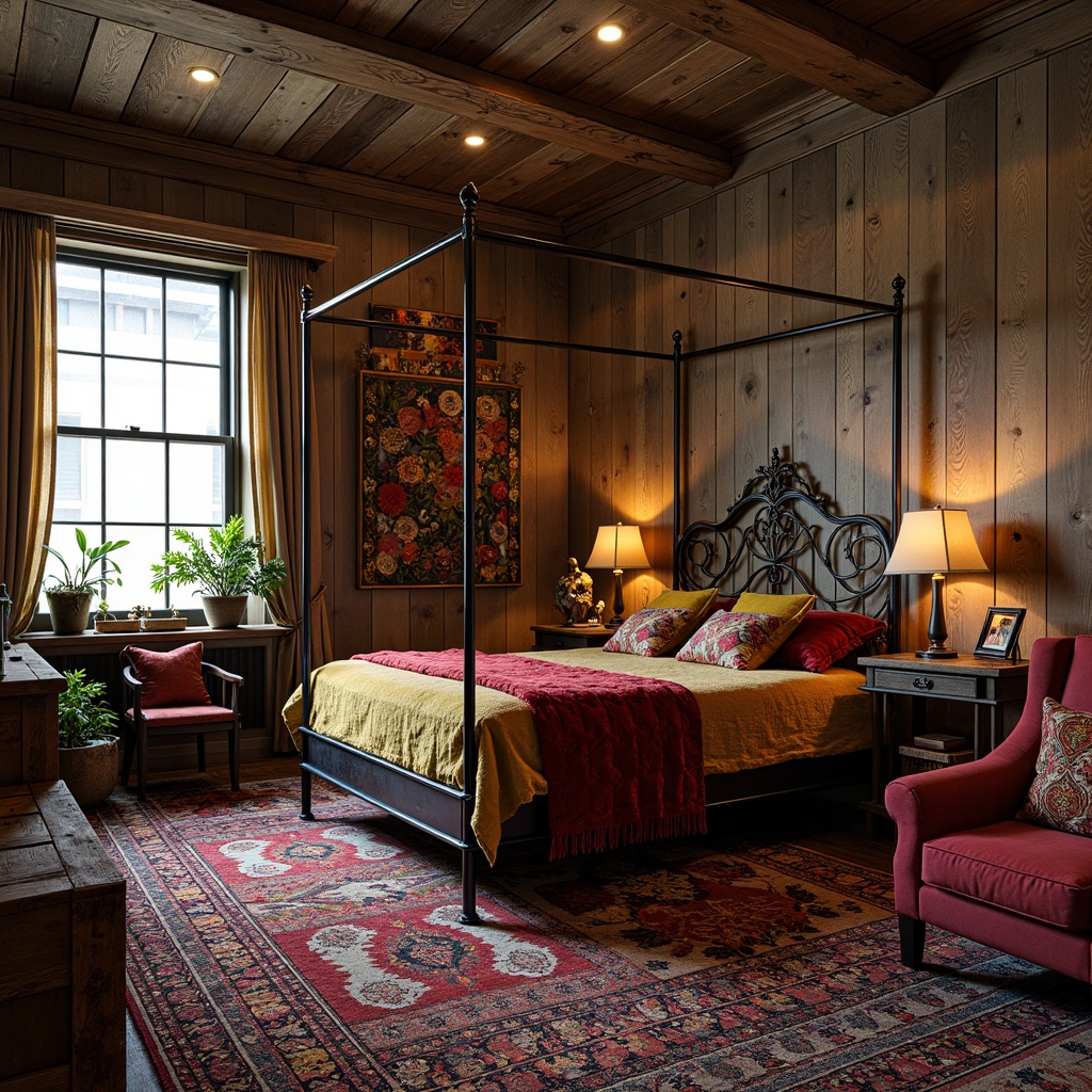 Prompt: Eclectic bedroom, rich velvet fabrics, bold patterned rugs, distressed wood furniture, ornate metal accents, vibrant artwork, colorful tapestries, plush throw pillows, antique accessories, rustic wooden crates, industrial metal lamps, soft warm lighting, shallow depth of field, 3/4 composition, realistic textures, ambient occlusion.