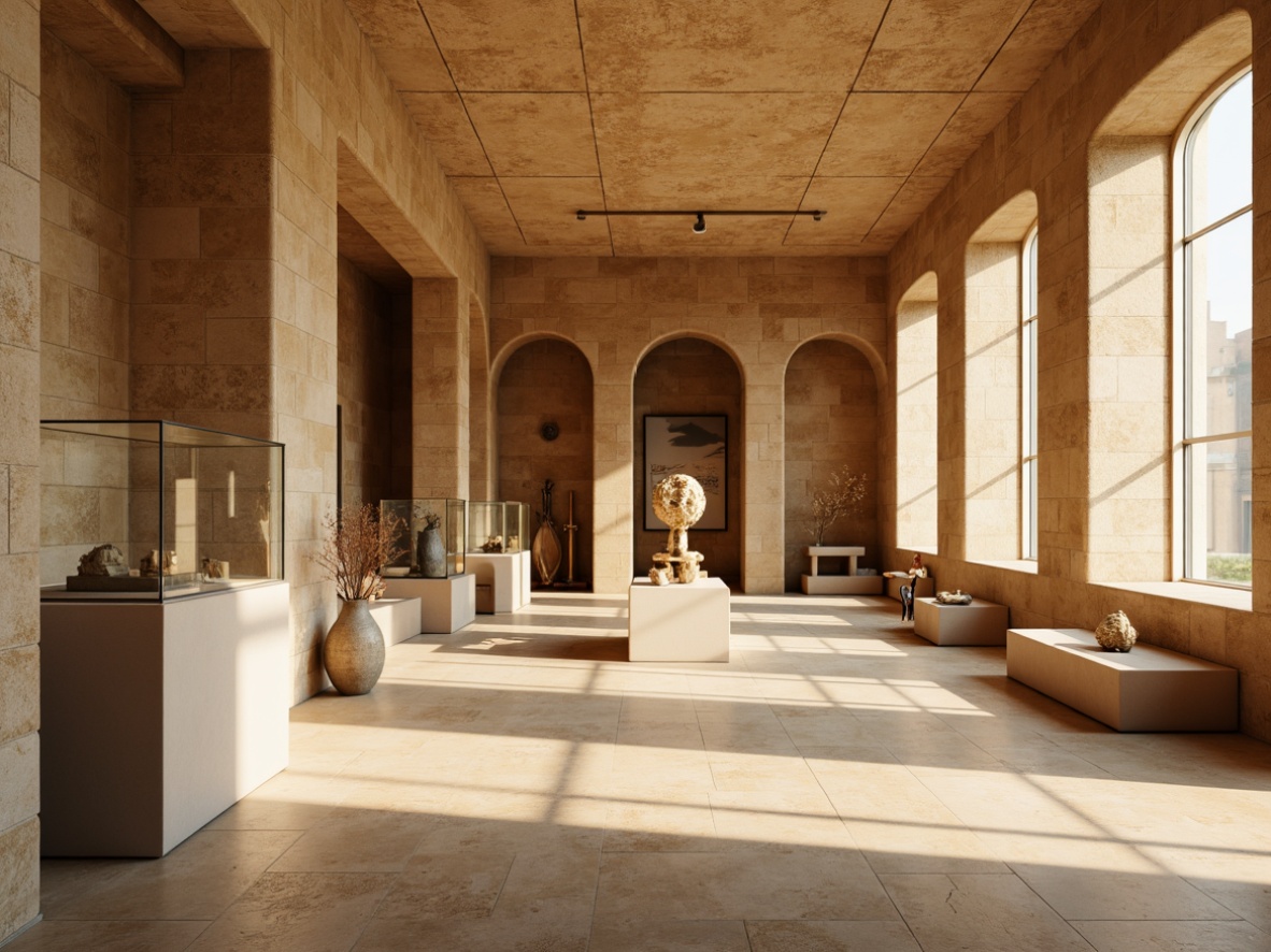 Prompt: Elegant museum interior, warm beige sandstone walls, textured surfaces, organic patterns, natural light pouring in, high ceilings, minimal decor, sleek glass display cases, ancient artifacts on exhibit, soft warm lighting, shallow depth of field, 1/1 composition, realistic textures, ambient occlusion.