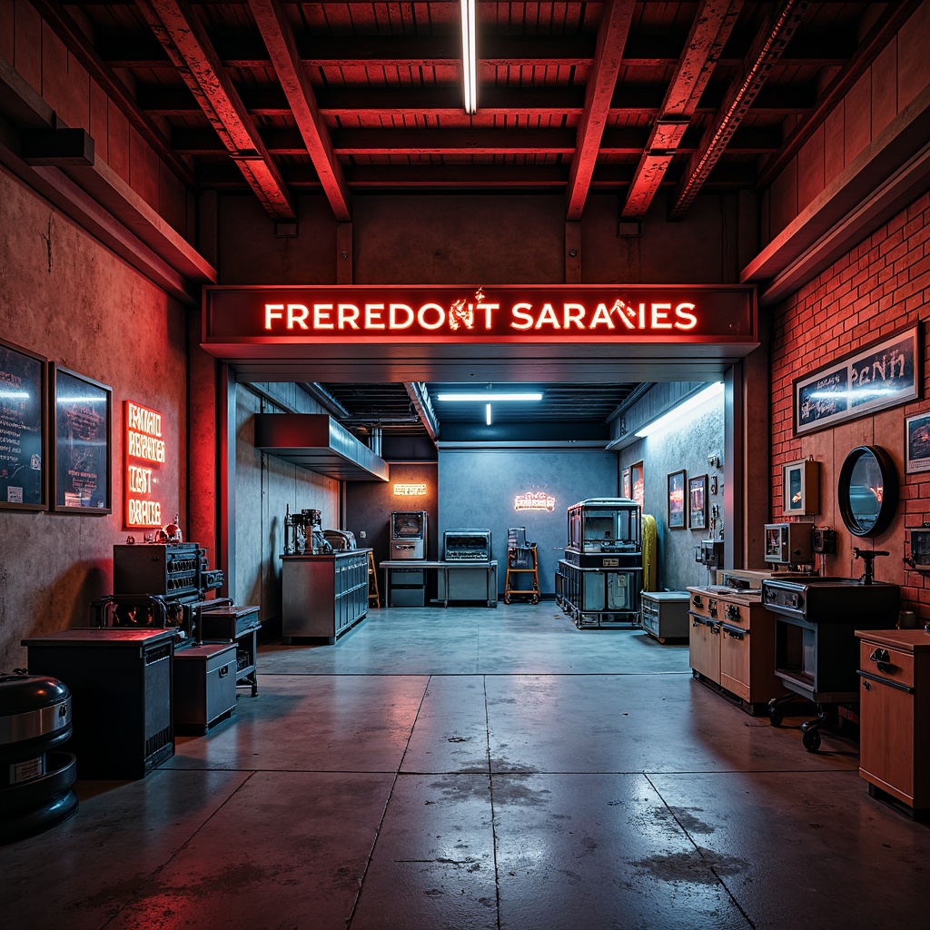 Prompt: Industrial-style garage, exposed brick walls, metallic equipment, sleek modern machinery, bold color accents, neon signage, concrete floors, steel beams, functional lighting, dramatic shadows, high-contrast colors, gritty textures, urban atmosphere, night time scene, warm color temperature, 1-point perspective, cinematic composition, realistic reflections.