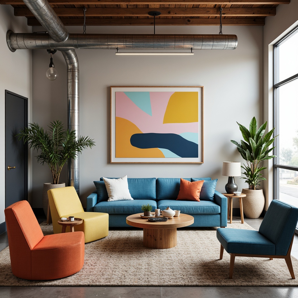 Prompt: Vibrant design studio, eclectic furniture, abstract artwork, bold color blocking, pastel hues, creamy whites, deep blues, rich wood accents, metallic silver highlights, industrial chic decor, modern minimalist aesthetic, atmospheric lighting, shallow depth of field, 1/1 composition, realistic textures, ambient occlusion.