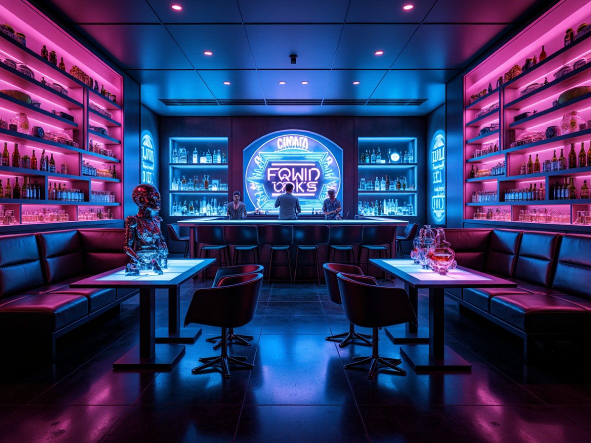 Prompt: Neon-lit home bar, futuristic lounge chairs, metallic sleek tables, glowing LED countertops, holographic whiskey decanters, robotic bartender, space-age cocktail shakers, levitating glass shelves, cyberpunk-inspired neon signs, glossy black floors, ambient blue lighting, 3/4 composition, shallow depth of field, panoramic view, realistic reflective surfaces.