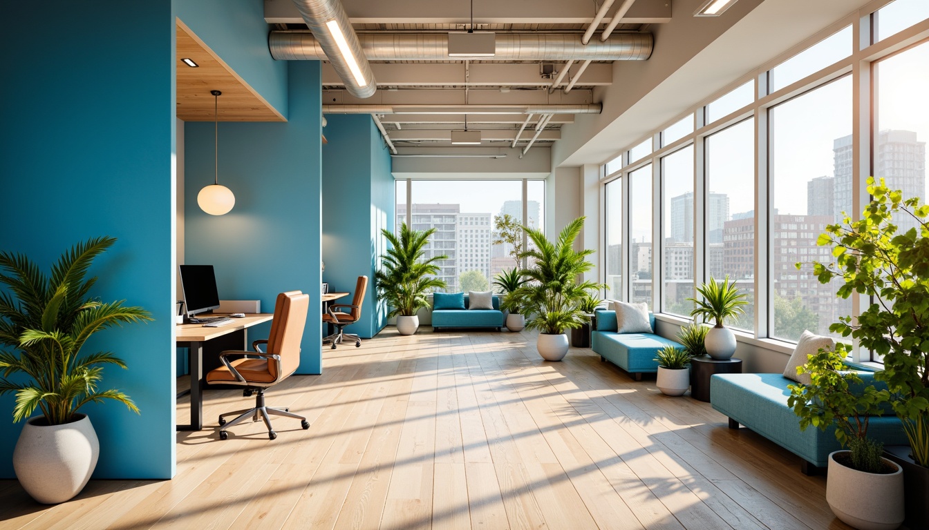 Prompt: Vibrant modern office, sleek metal desks, ergonomic chairs, minimalist decor, bright accent walls, calming blue tones, neutral beige floors, natural wood textures, abundant greenery, floor-to-ceiling windows, warm sunny day, soft indirect lighting, shallow depth of field, 1/1 composition, realistic renderings, ambient occlusion.