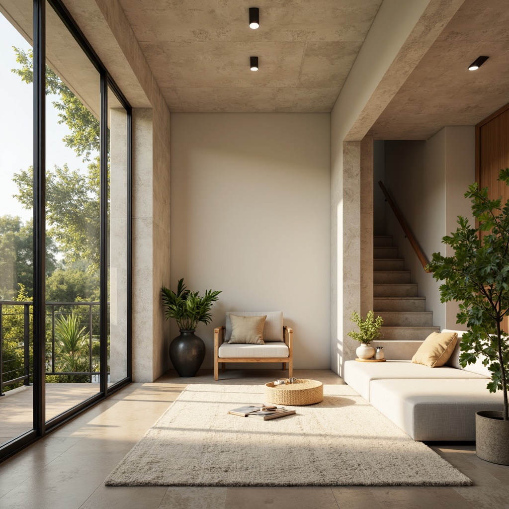 Prompt: Minimalist living room, natural stone flooring, cream-colored walls, floor-to-ceiling windows, sliding glass doors, lush greenery, potted plants, wooden accents, cozy reading nook, plush area rug, soft warm lighting, 1/1 composition, realistic textures, ambient occlusion, calming atmosphere, peaceful ambiance, serene decor.