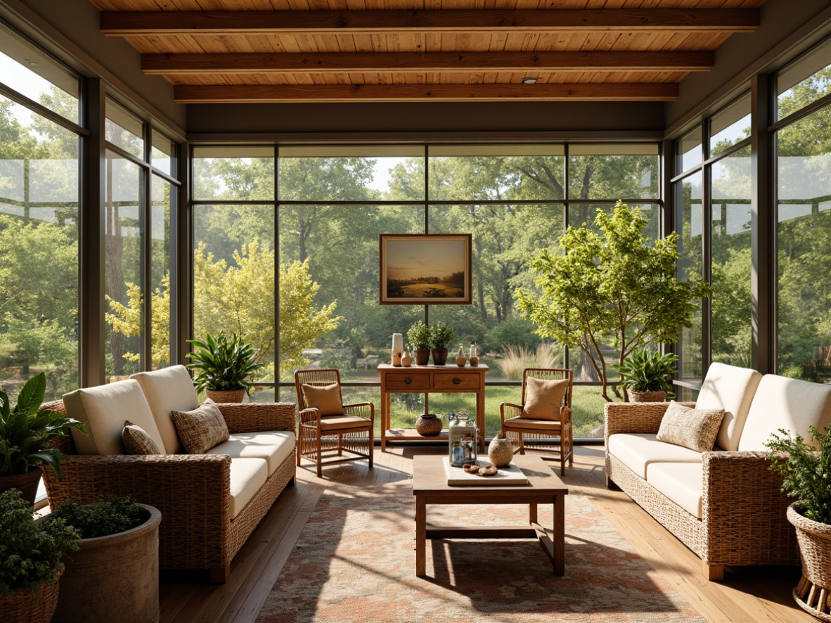 Prompt: Cozy sunroom, abundant natural light, warm atmosphere, comfortable wicker furniture, plush cushions, soft upholstery, reclaimed wood accents, vintage decorative items, lush greenery, potted plants, elegant glass tables, rattan chairs, nature-inspired artwork, earthy color palette, bright yellow hues, warm beige tones, rustic metal frames, oversized windows, sliding glass doors, panoramic views, soft diffused lighting, 1/2 composition, harmonious textures, realistic reflections.