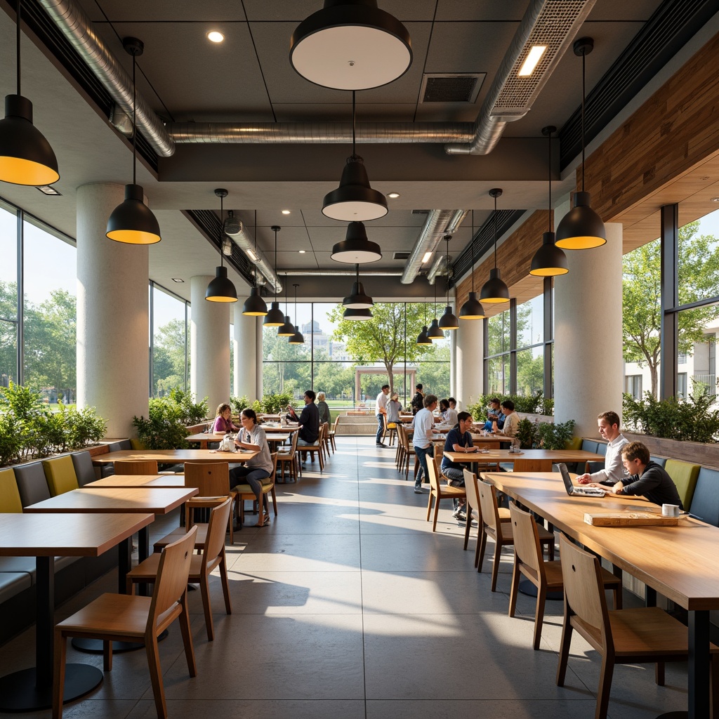 Prompt: Vibrant university cafeteria, modern pendant lights, suspended ceiling fixtures, warm white LED lighting, wooden tables, ergonomic chairs, minimalist decor, large windows, natural daylight, cozy atmosphere, soft shadows, 1/2 composition, realistic renderings, ambient occlusion.