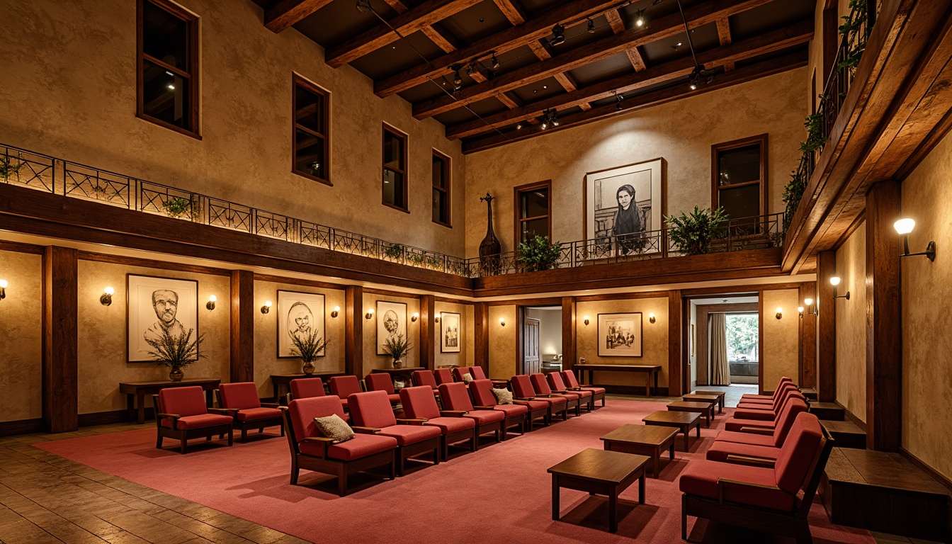 Prompt: Earthy tone performing arts center, reclaimed wood accents, distressed stone walls, warm beige stucco exterior, rich brown wooden beams, vintage metal fixtures, soft candlelight ambiance, natural fiber textiles, earthy red carpeting, warm golden lighting, shallow depth of field, 1/2 composition, realistic textures, ambient occlusion.