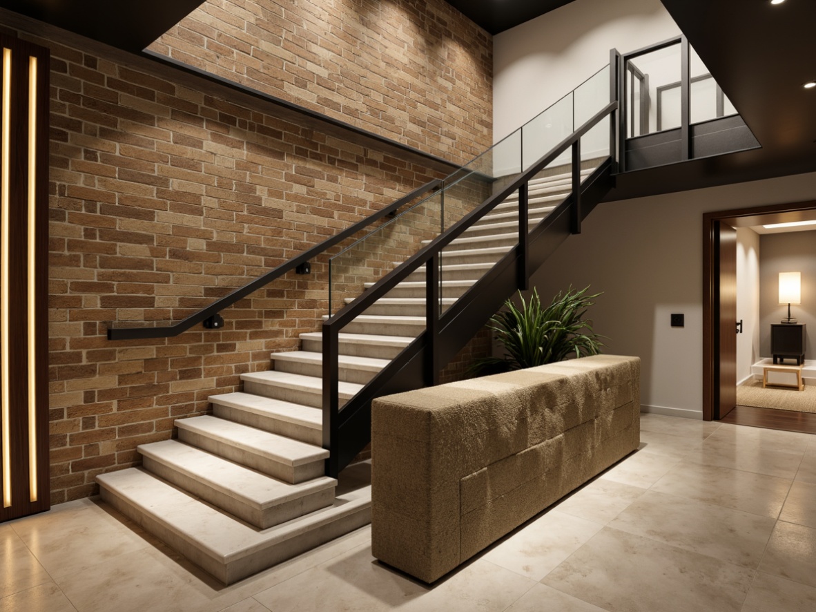 Prompt: Modern staircase, sleek metal railings, glass balusters, minimalist design, industrial chic, exposed brick walls, polished concrete floors, matte black handrails, LED strip lighting, warm beige tones, textured stone cladding, natural wood accents, luxurious carpeting, ambient shadows, soft focus, shallow depth of field, 1/2 composition, realistic textures.